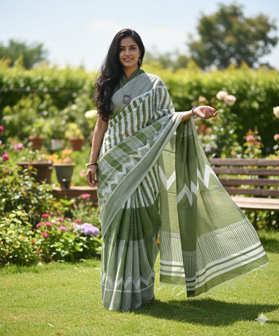 Mul Mul Cotton Saree | Light pista green with zigzag 1