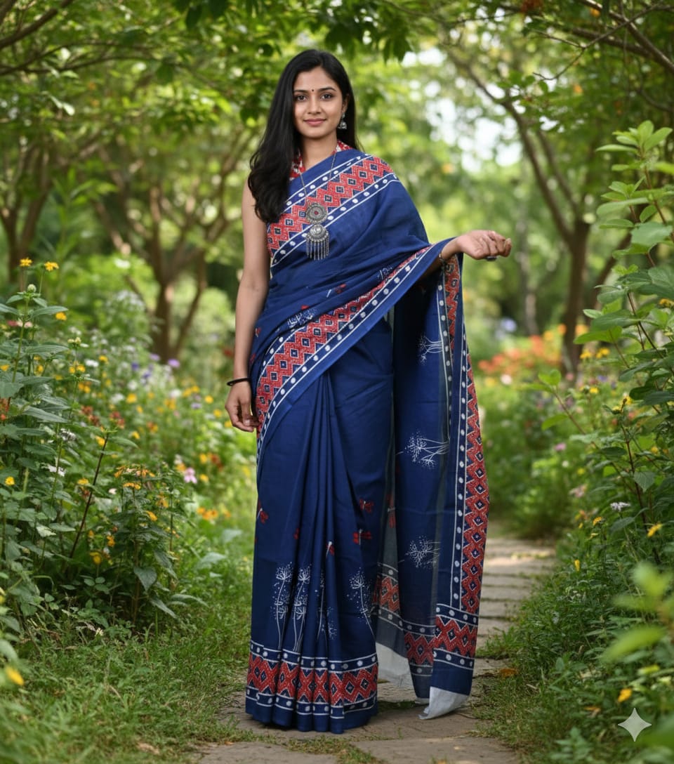 Mul Mul Cotton Saree |Navy Red Border