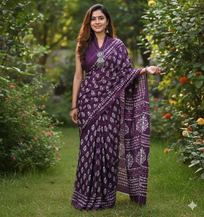Mul Mul Cotton Saree | White florals in Purple