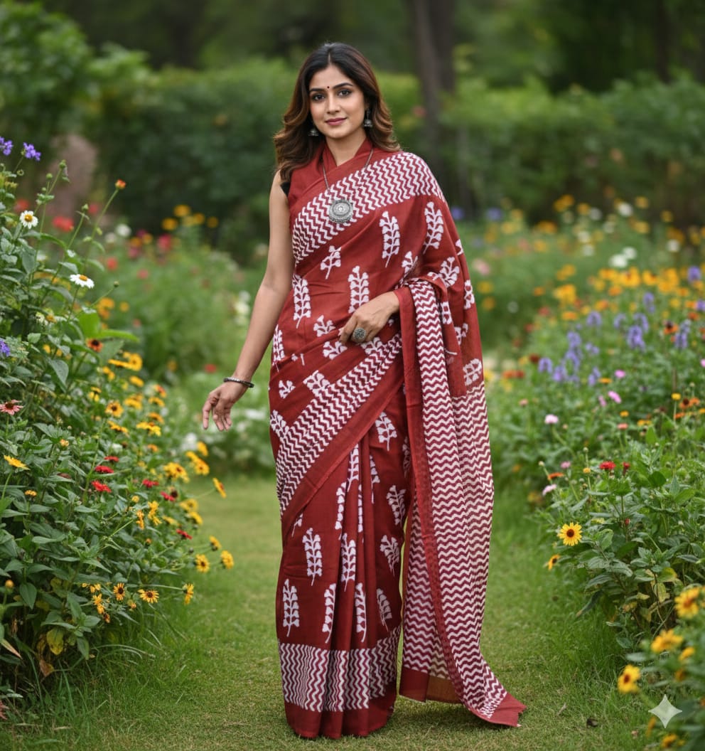 Mul Mul Cotton Saree | Brick with White pattern