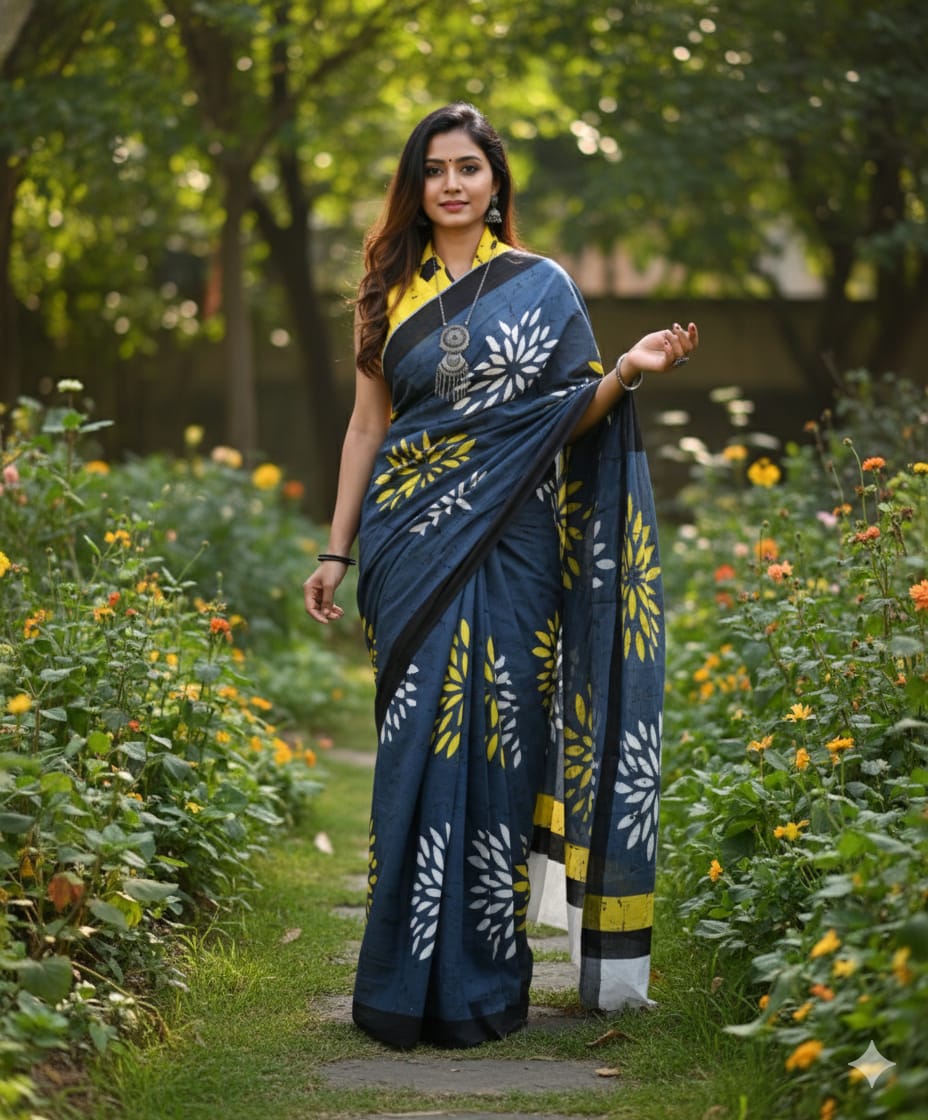 Mul Mul Cotton Saree | Greyish Yellow flowers