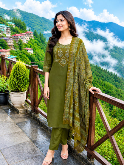 Women kurti with pant and dupatta | Olive Green |DABUSET