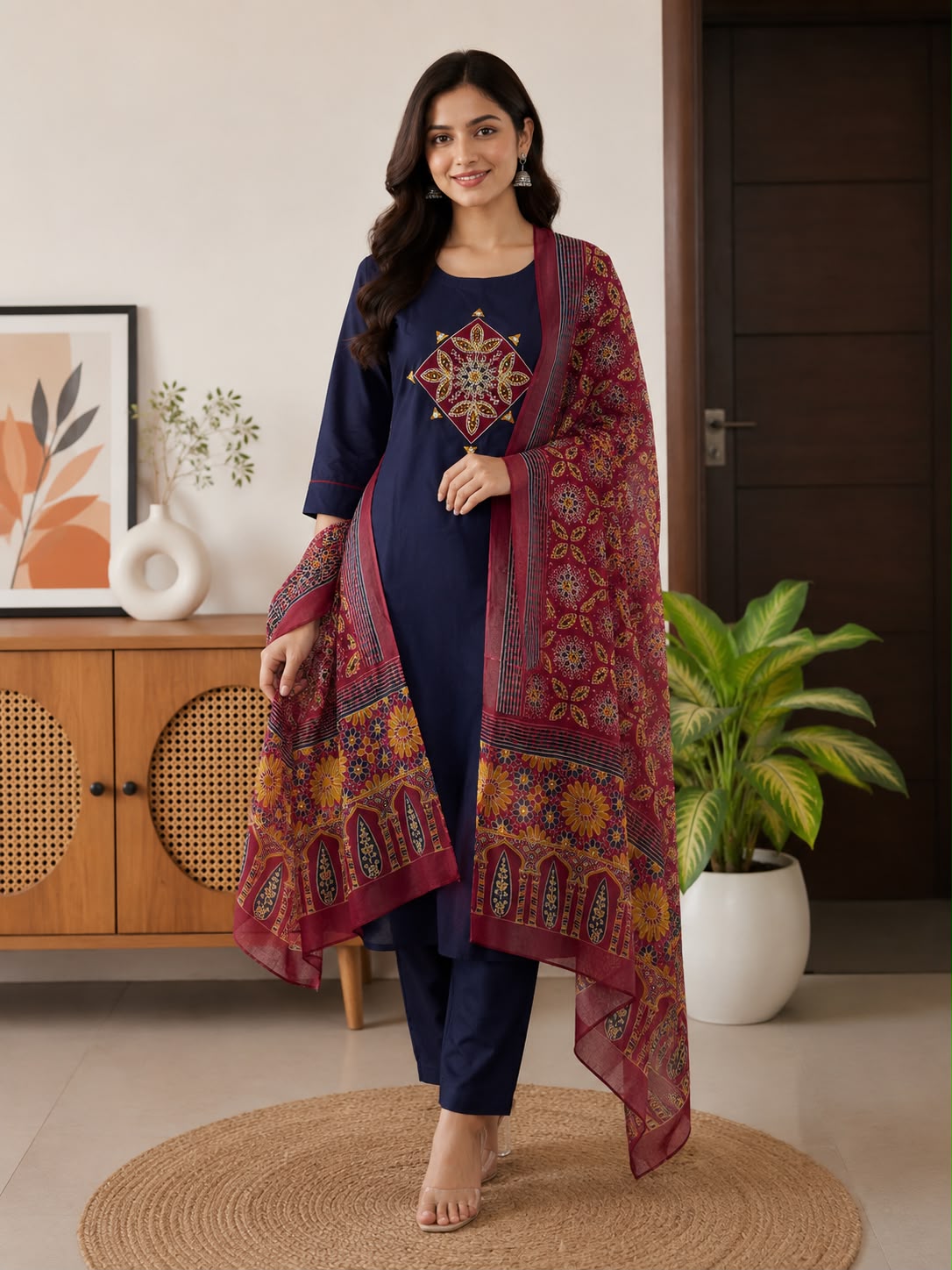 Women kurti with pant and dupatta | Royal Navy with RED | DABUSET