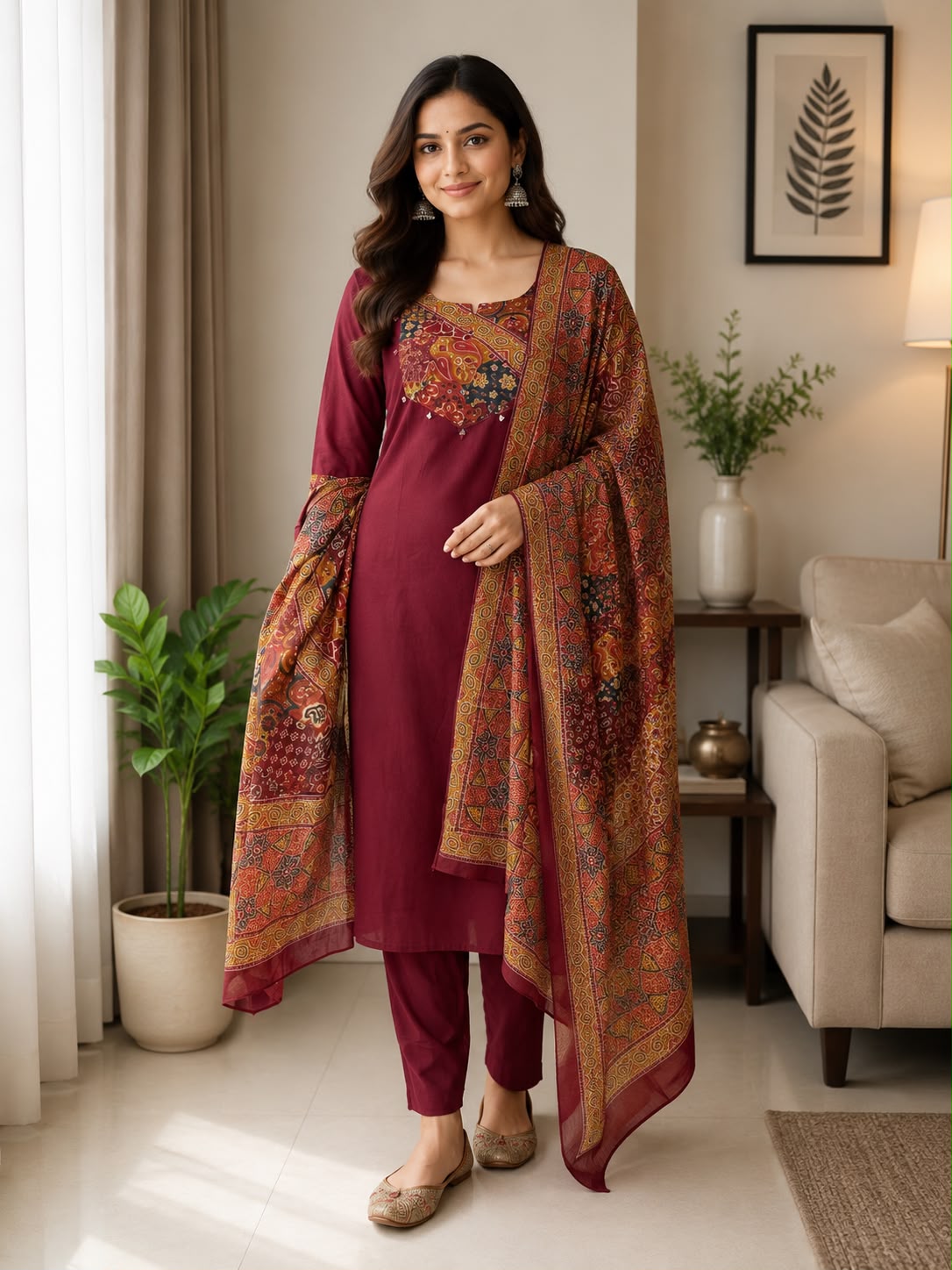 Women kurti with pant and dupatta | Glossy Maroon |DABUSET