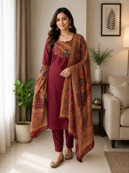 Women kurti with pant and dupatta | Glossy Maroon |DABUSET