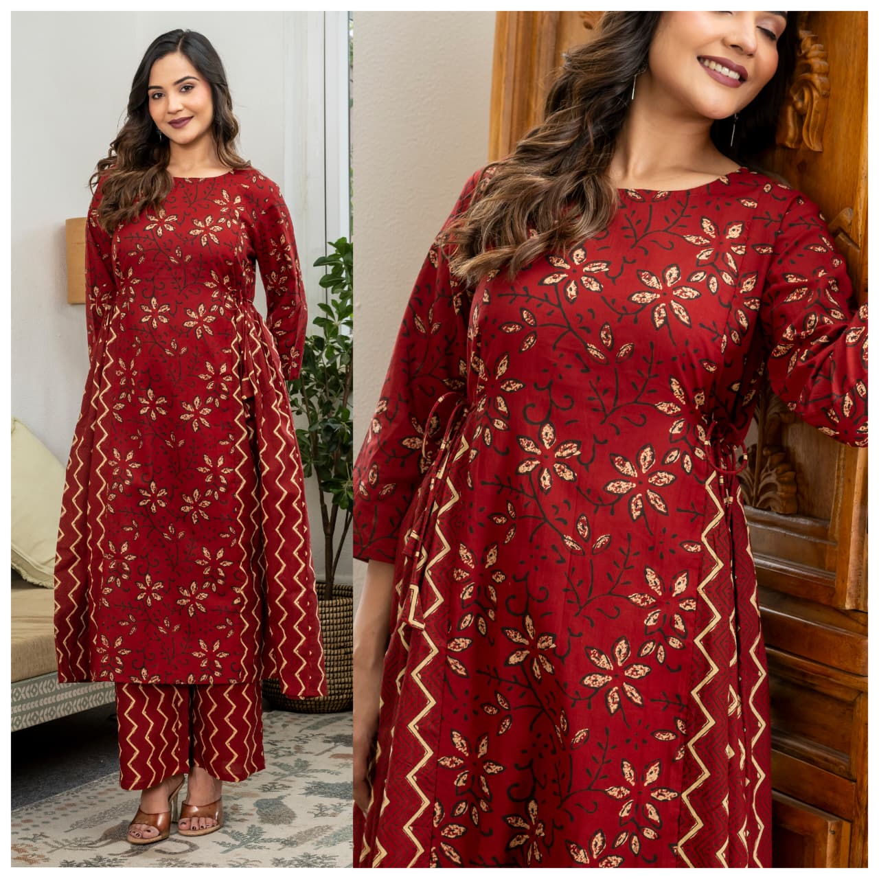 Women kurti with pant | Cotton Dual print Frill Kurti Palazzo set |Maroon Pattern | FRILLKURTI