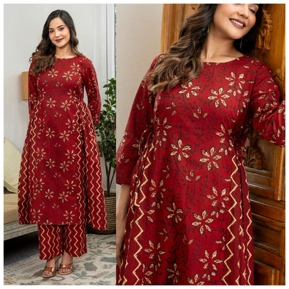 Women kurti with pant | Cotton Dual print Frill Kurti Palazzo set |Maroon Pattern | FRILLKURTI
