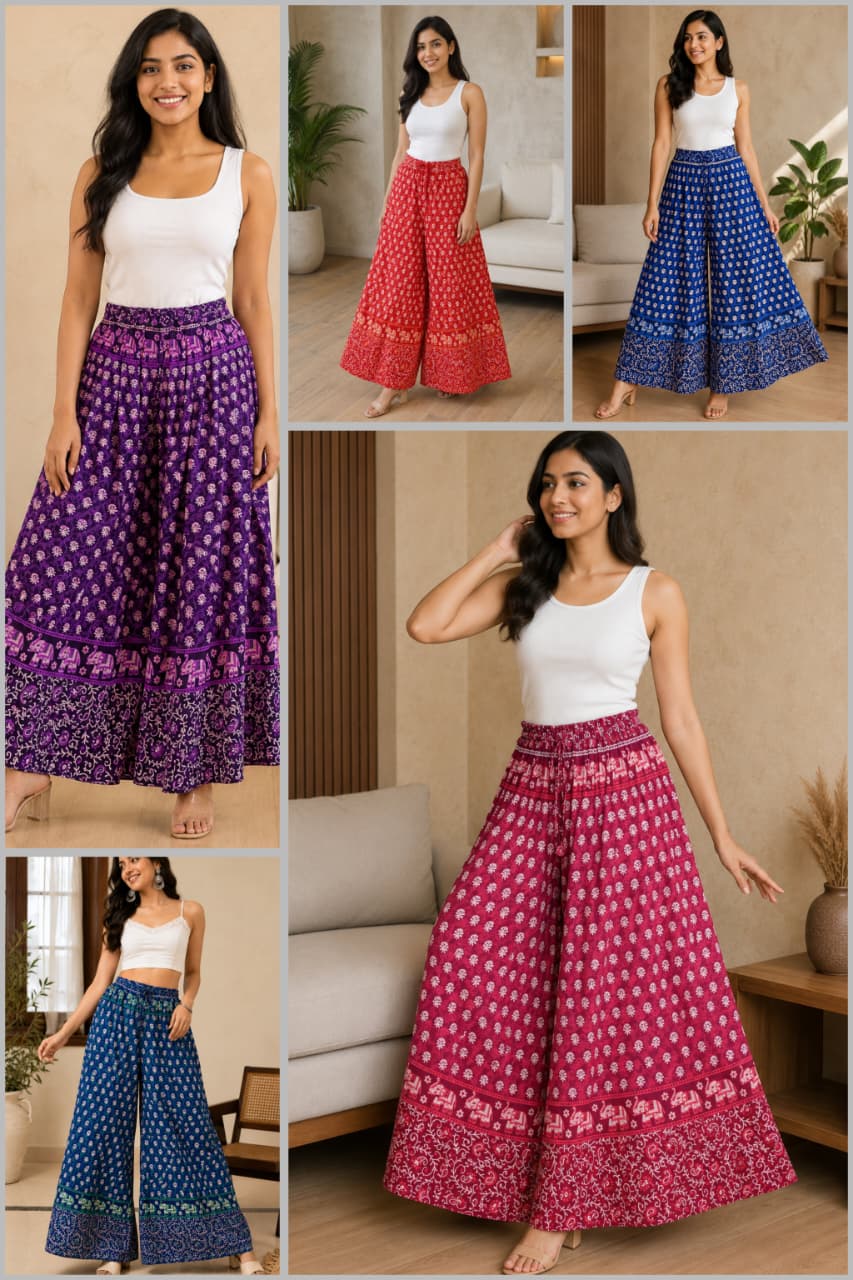 Women’s Cotton Flared Palazzo (Divider Skirt) with Drawstring| Navy Blue with green Floral