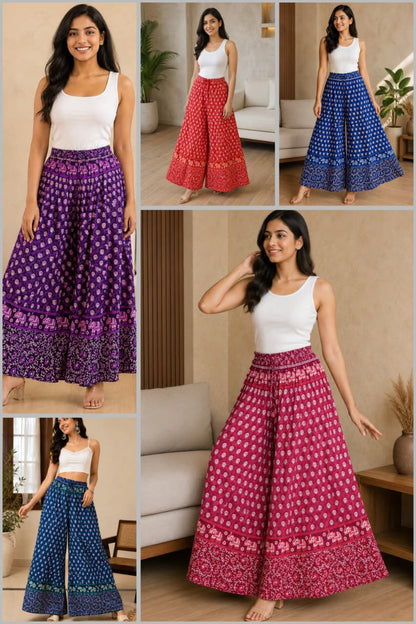 Women’s Cotton Flared Palazzo (Divider Skirt) with Drawstring| Navy Blue with green Floral