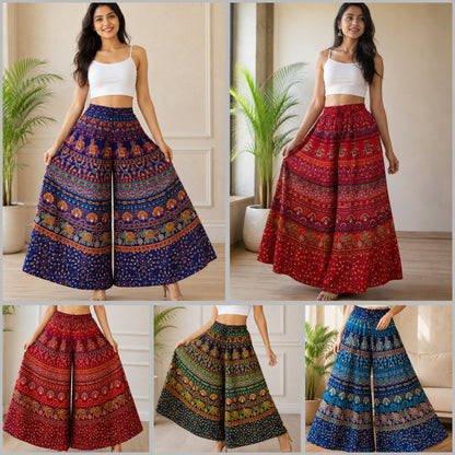 Women’s Cotton Flared Palazzo (Divider Skirt) with Drawstring| Navy Elephant