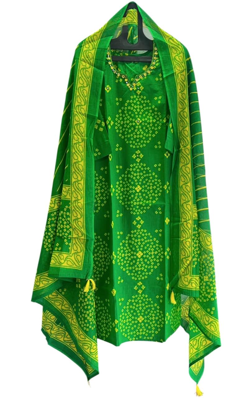 Women kurti with pant and dupatta | Straight cut | Green with yellow Bhandhani type l cottonlove