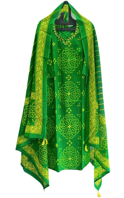 Women kurti with pant and dupatta | Straight cut | Green with yellow Bhandhani type l cottonlove
