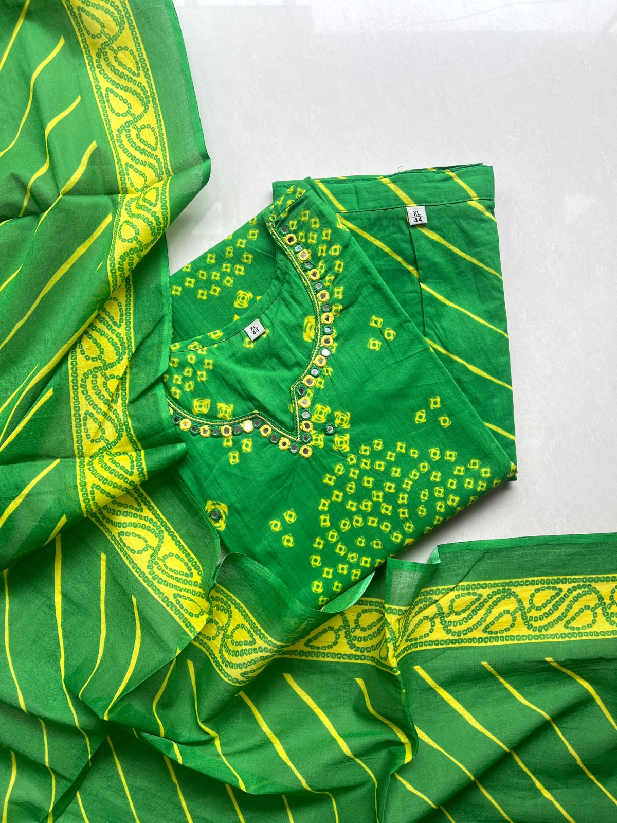 Women kurti with pant and dupatta | Straight cut | Green with yellow Bhandhani type l cottonlove