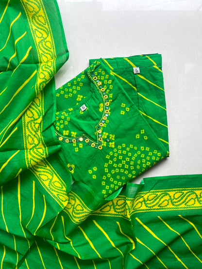 Women kurti with pant and dupatta | Straight cut | Green with yellow Bhandhani type l cottonlove