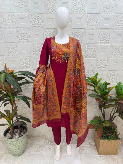 Women kurti with pant and dupatta | Glossy Maroon |DABUSET