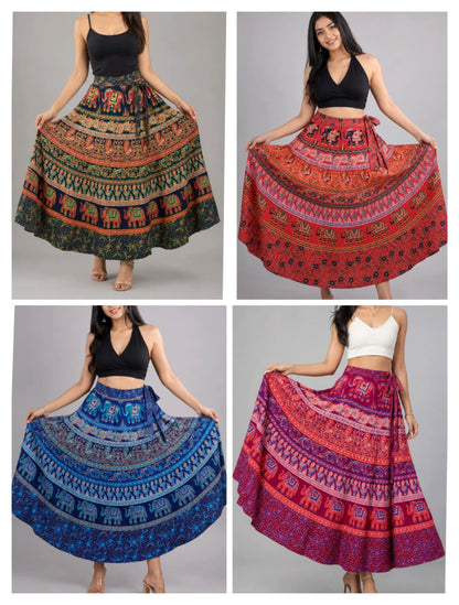 Women wrap  Skirt | Jaipuri Print | Fits up to XL|Wrap Elephant  Maroon