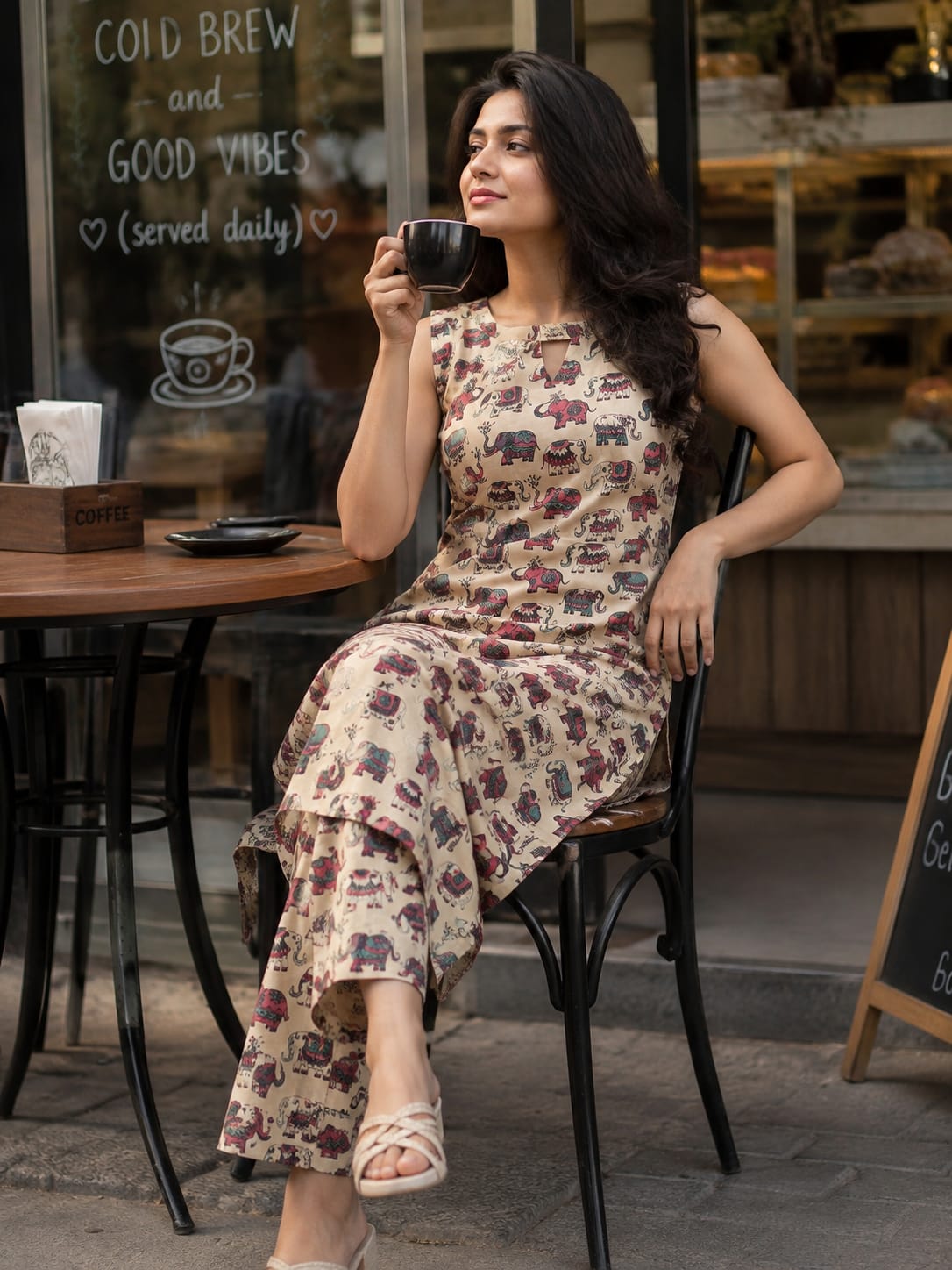 Women Sleeveless Co-Ord kurti with pant(Sleeves inside) | Elephant Motif pink and blue