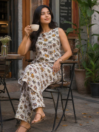 Women Sleeveless Co-Ord kurti with pant(Sleeves inside) | Elephant Motif yellow and green