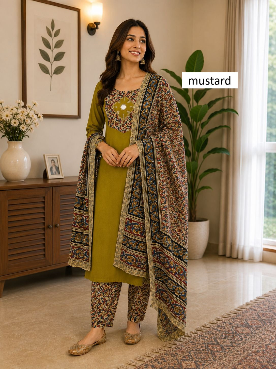 Women kurti with pant and dupatta |Mustard kalamkaari sets | Dabuset