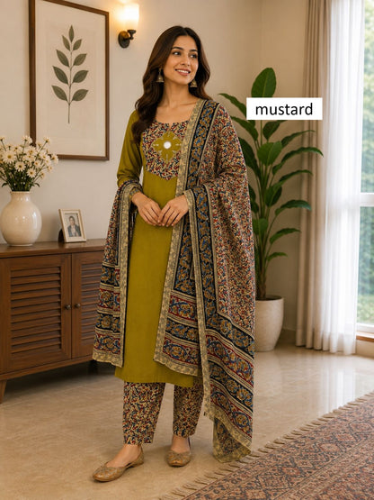 Women kurti with pant and dupatta |Mustard kalamkaari sets | Dabuset