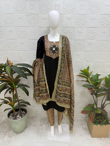 Women kurti with pant and dupatta |Black kalamkaari sets | Dabuset