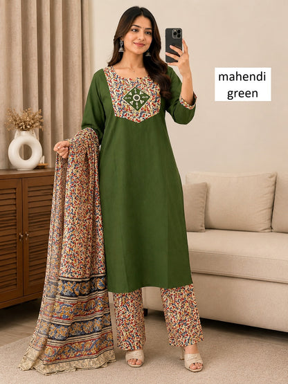 Women kurti with pant and dupatta |Mehendi Green kalamkaari sets | Dabuset