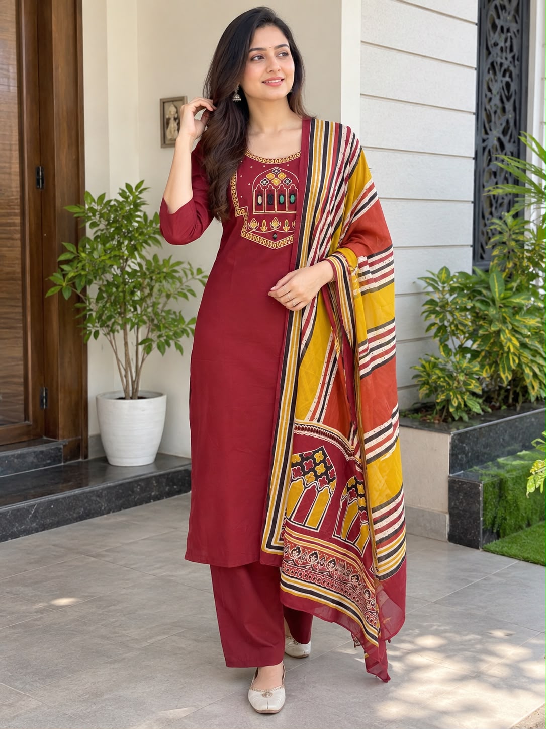 Women embroidery mirror kurti with palazzo pant and dupatta |Red maroon color 3 piece sets | Dabuset|