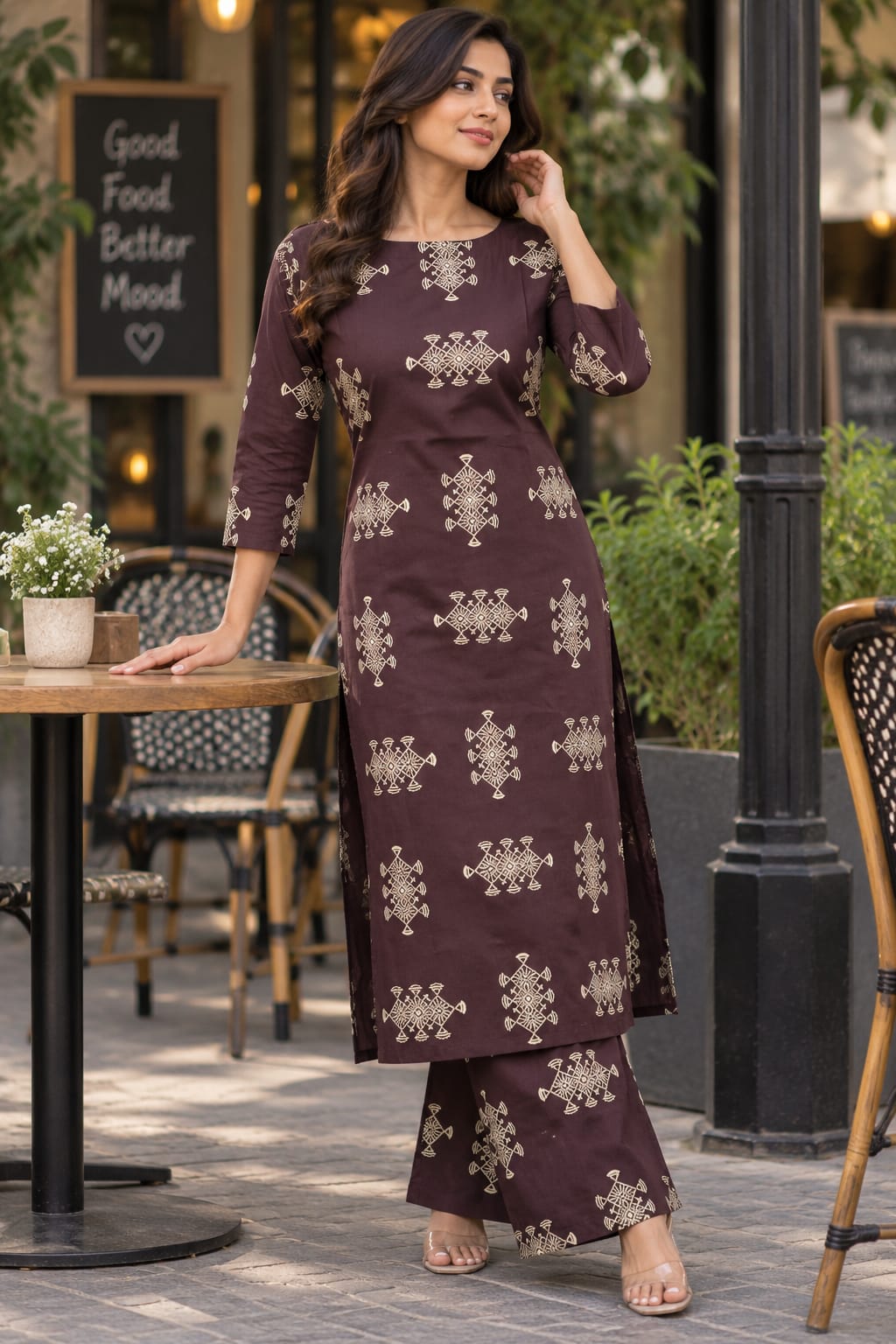 Premium shining flex cotton kurti palazzo co-ord set | Tribal geometric Print | B4017