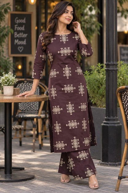 Premium shining flex cotton kurti palazzo co-ord set | Tribal geometric Print | B4017