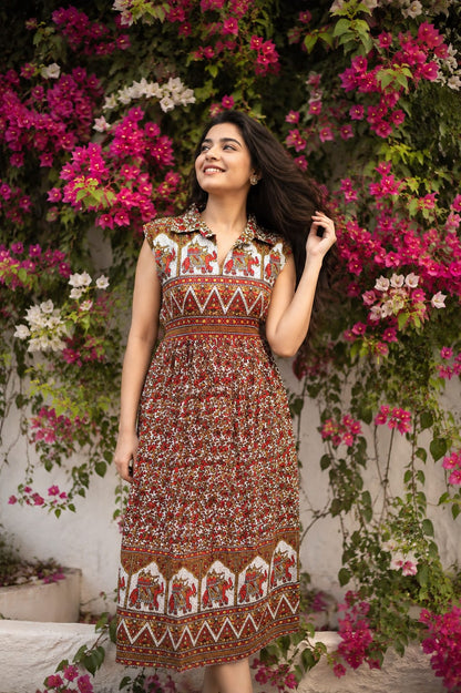 Women sleeveless Frock with full lining (sleeves inside) | Elephant Ajrakh Prints in red and light brown colors