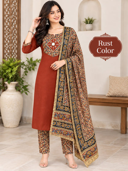 Women kurti with pant and dupatta | Brick Orange(Rust) kalamkaari sets | Dabuset