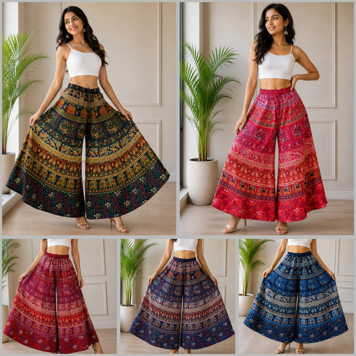 Women’s Cotton Flared Palazzo (Divider Skirt) with Drawstring | Navy Peacock Elephant Print
