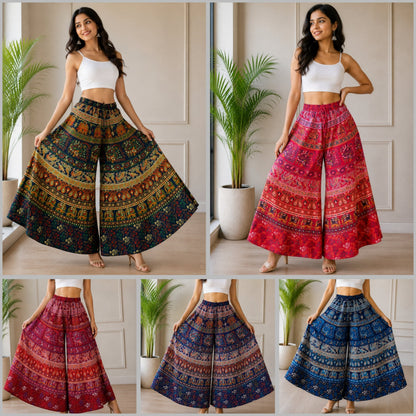Women’s Cotton Flared Palazzo (Divider Skirt) with Drawstring | Navy Peacock Elephant Print
