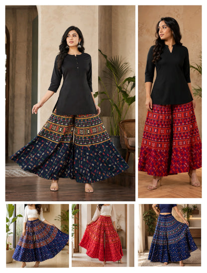 Women’s Cotton Flared Palazzo (Divider Skirt) with Drawstring| Purple_Mini_Elephants