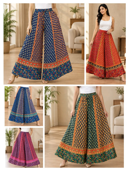 Women’s Cotton Flared Palazzo (Divider Skirt) with Drawstring |Red mini flower print
