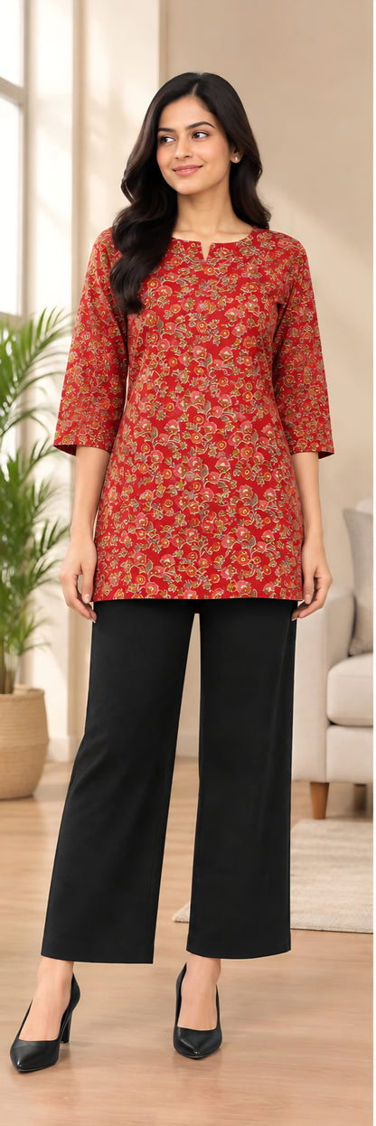 Women's Cotton Short Kurti | Tomato Redish pink printed | Only short kurti