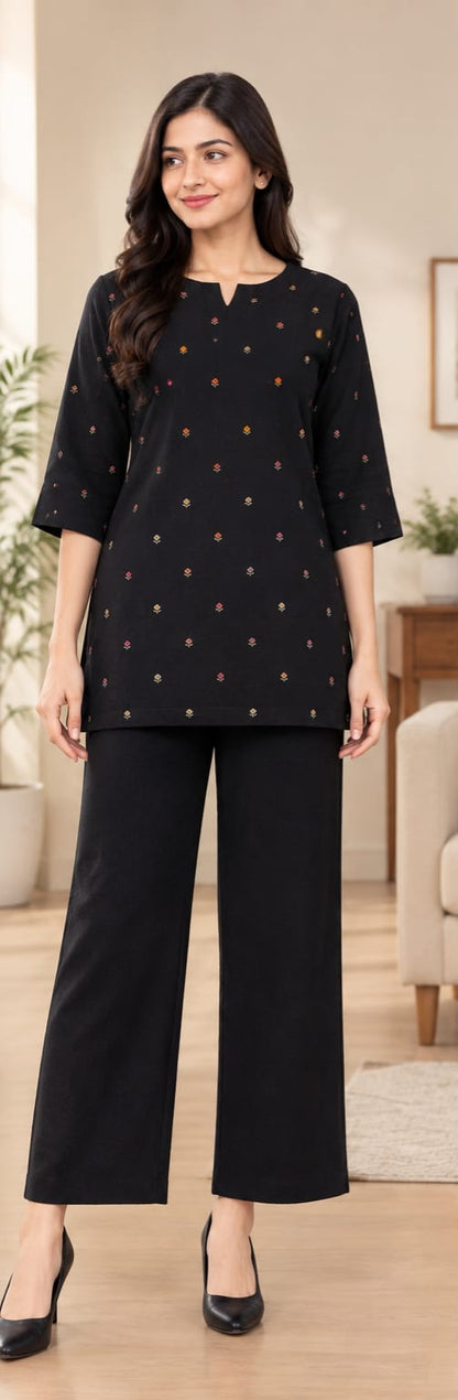 Women's Cotton Short Kurti | Black with small printed bhuttas | Only short kurti