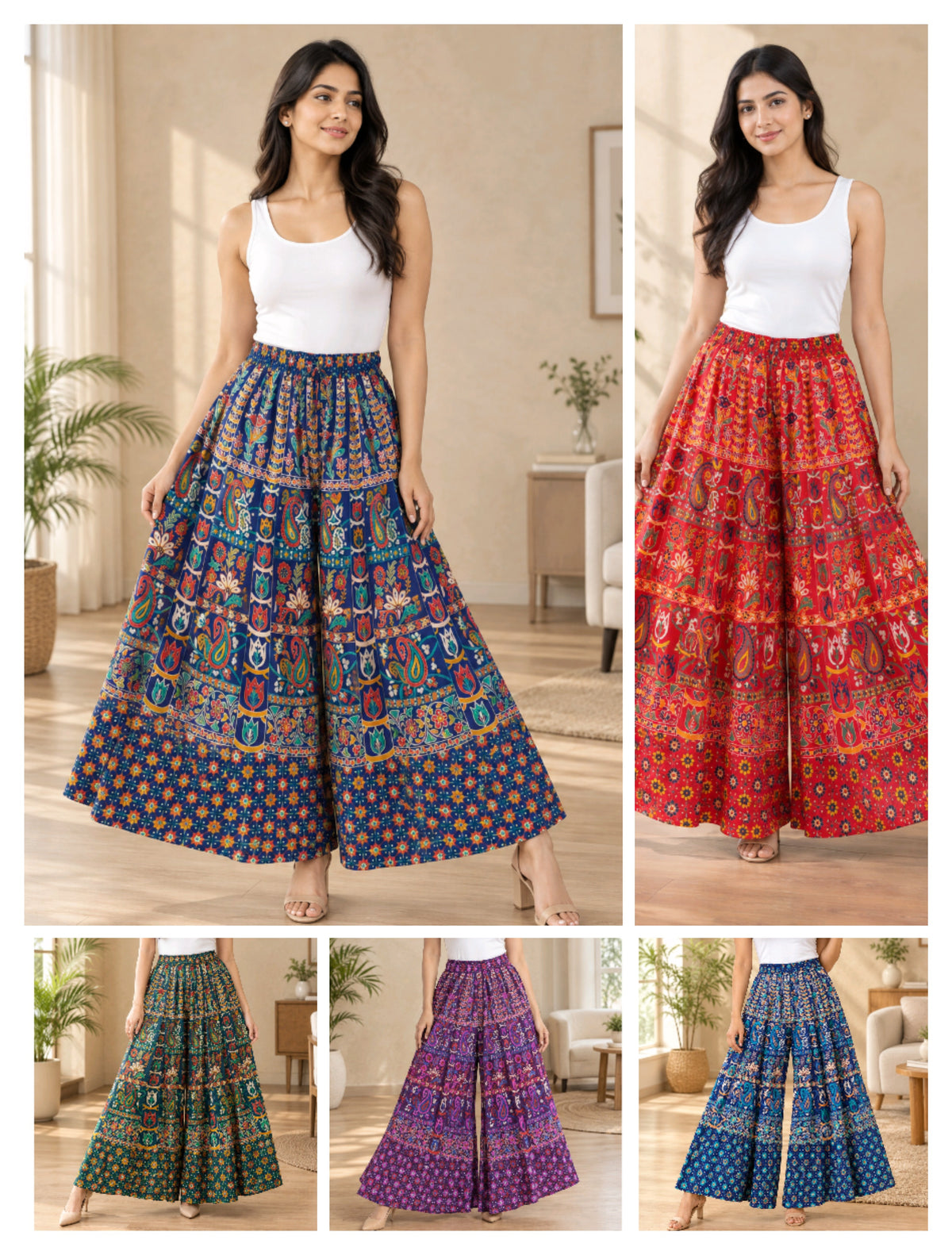 Women’s Cotton Flared Palazzo (Divider Skirt) with Drawstring| Purple Flower prints