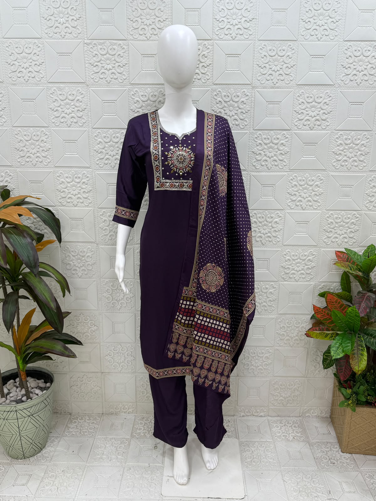 Women kurti with pant and dupatta | Purple with embroidery in Gajji Silk