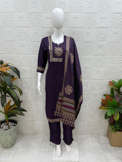 Women kurti with pant and dupatta | Purple with embroidery in Gajji Silk