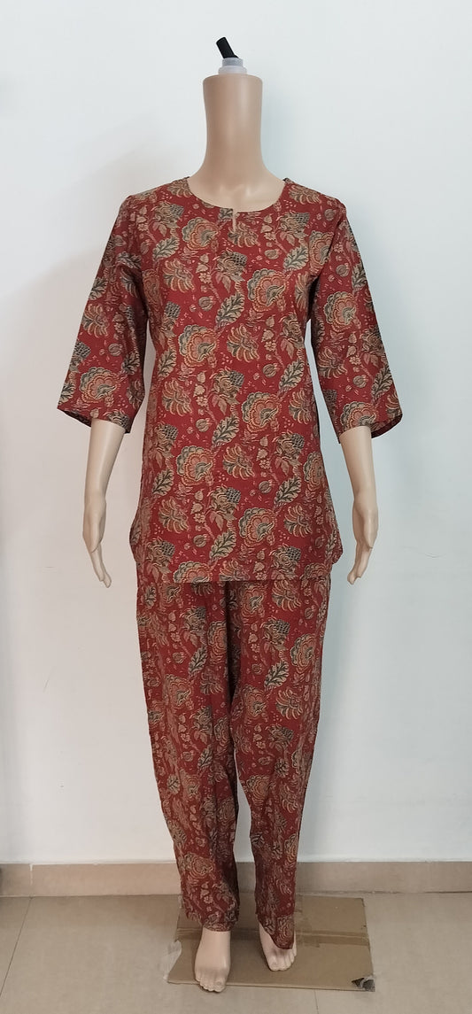 Women kurti with pant | Night suit | Red maroon with floral print set