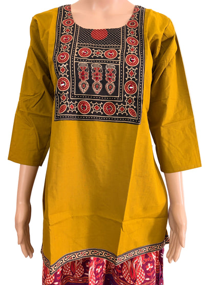 Women's Dabu Cotton Short Kurti | Mustard short top black patch