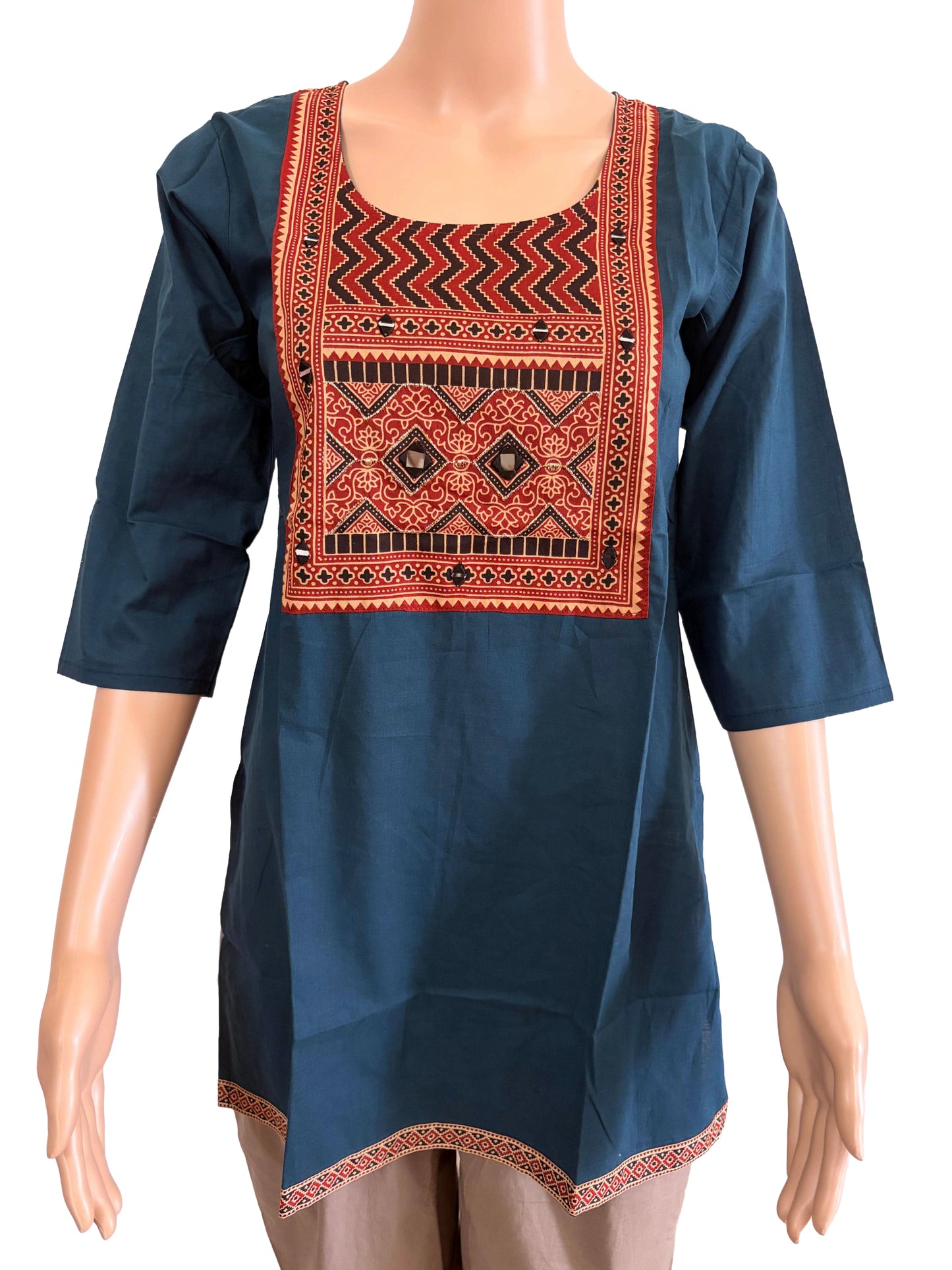 Women's Dabu Cotton Short Kurti | Peacock Blue short top zig zag patterns