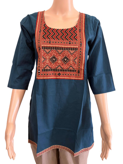 Women's Dabu Cotton Short Kurti | Peacock Blue short top zig zag patterns