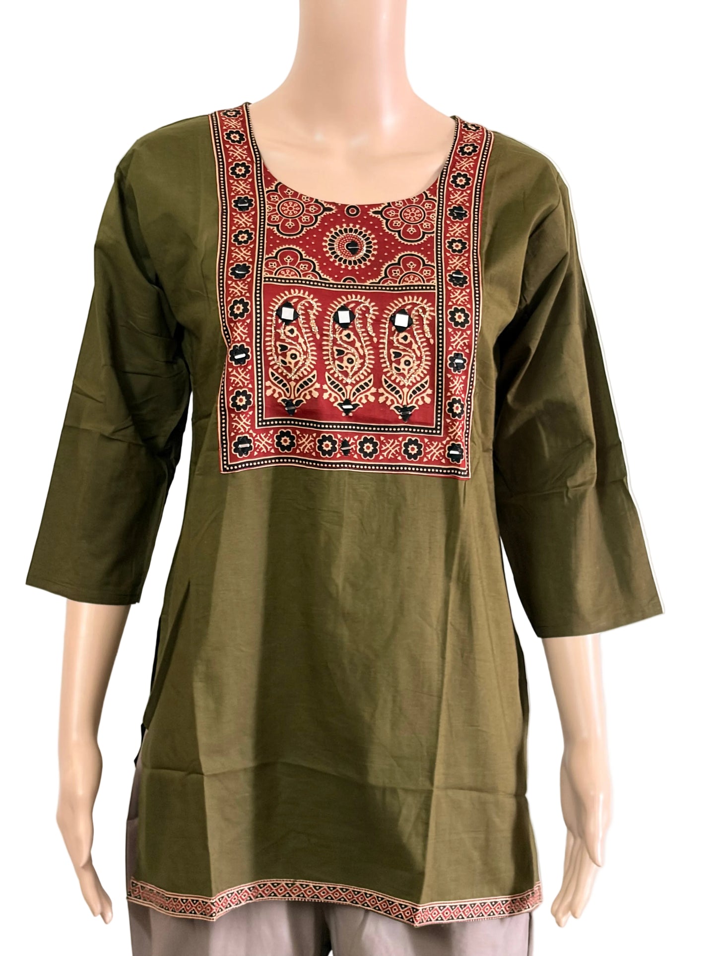 Women's Dabu Cotton Short Kurti | Light Mehandi Green short top