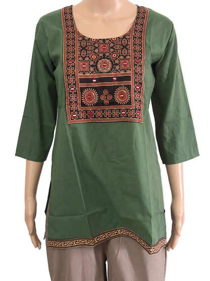 Women's Dabu Cotton Short Kurti | Olive Green short top