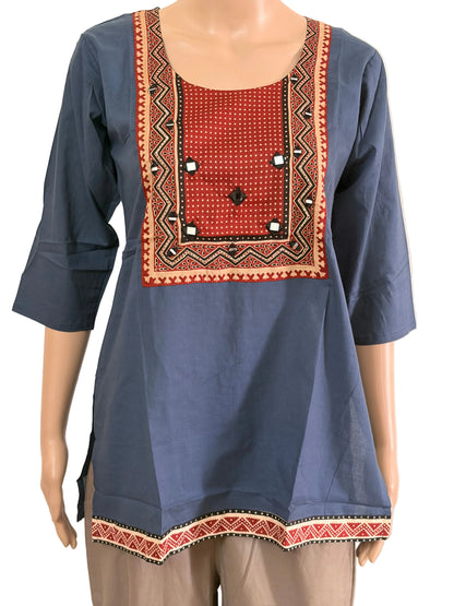 Women’s Dabu Cotton Short Kurti | Bluish Grey dot printed