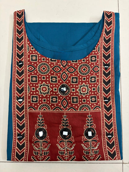Women's Dabu Cotton Short Kurti | Peacock Blue short top circle long print