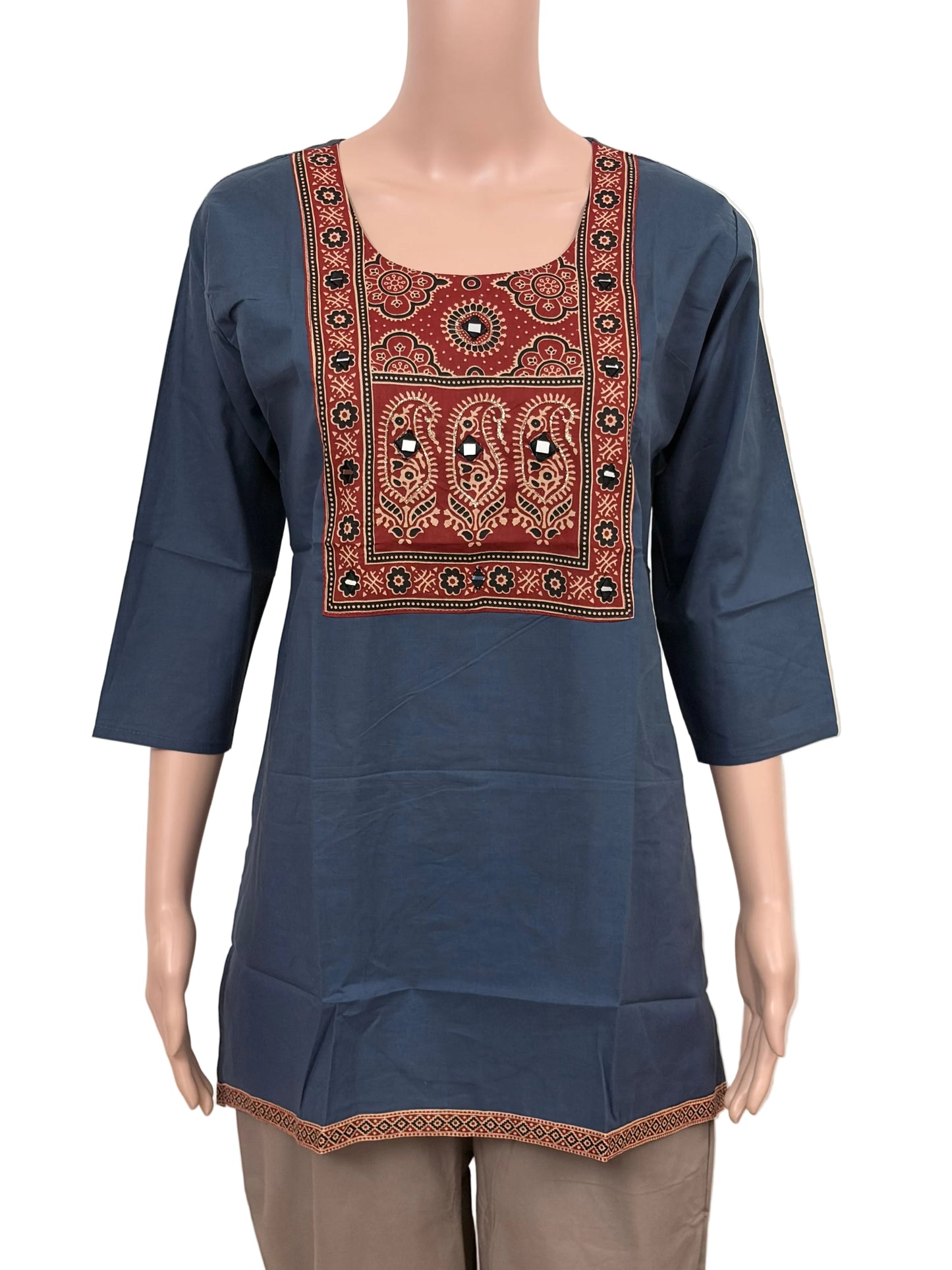 Women's Dabu Cotton Short Kurti |Bluish grey long print