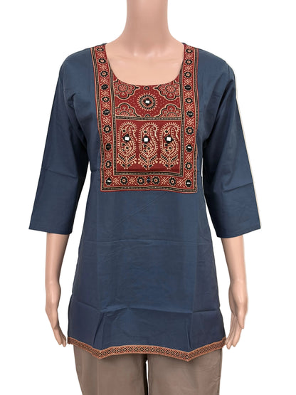 Women's Dabu Cotton Short Kurti |Bluish grey long print